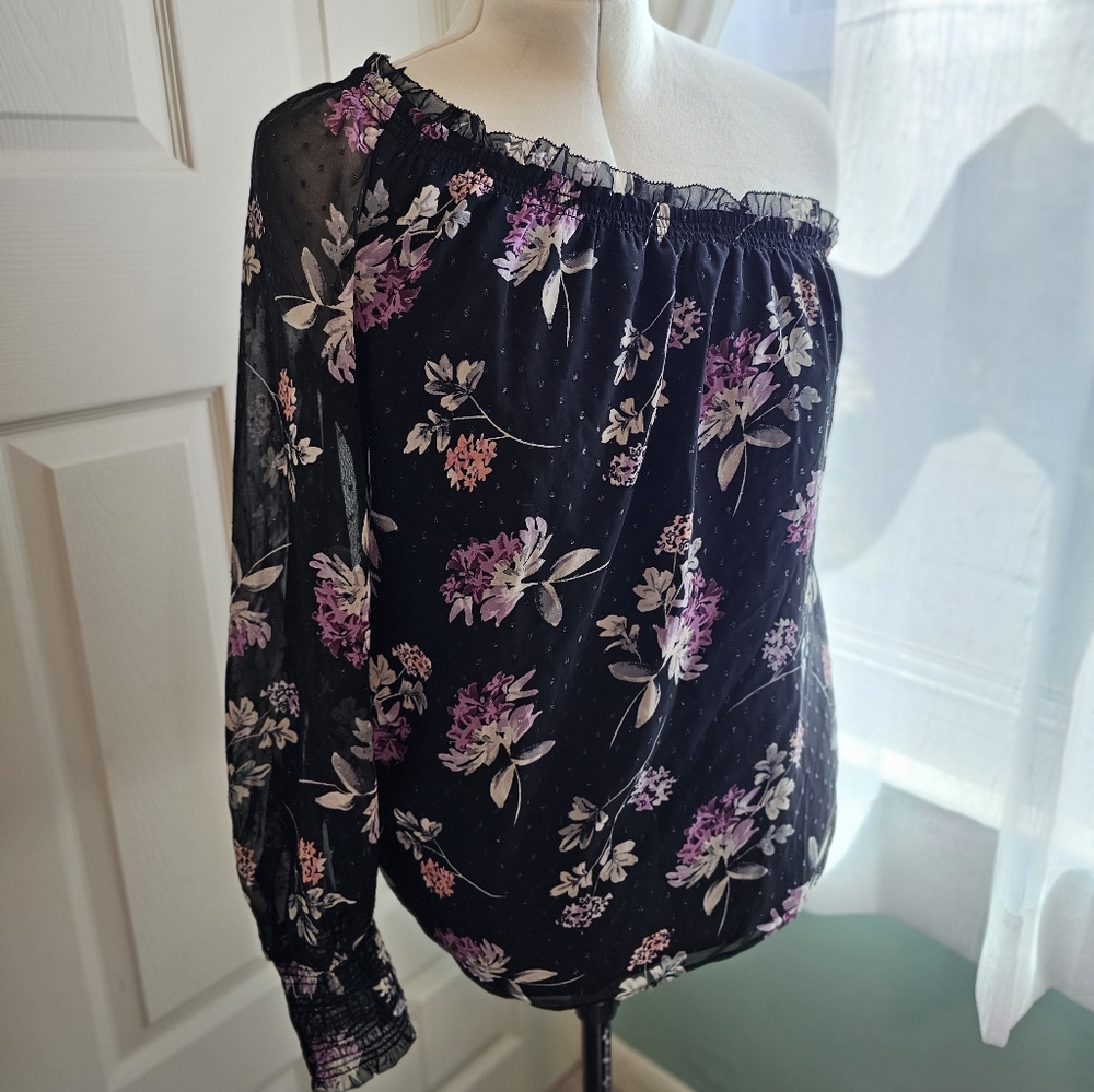 Women's WHBM One Shoulder Midnight Floral Black Purple Print Spring Blouse Large